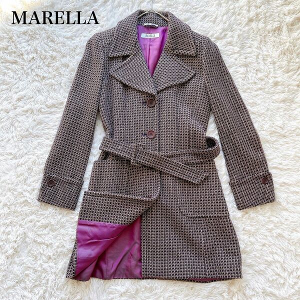 MARELLA マレーラ ツイード ロングコート イタリア ベルト付 裏地 派手