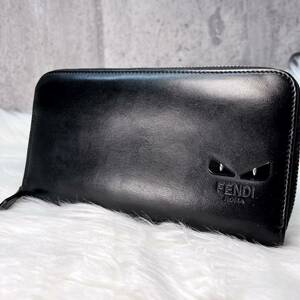 美品 FENDI フェンディ モンスター バグズアイ 長財布 ラウンドファスナー ジッピー 黒 ブラック メンズ レディース 7M0210 レザー