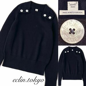 [E4106] as good as new HERMES Hermes 2018AW{ top class! cashmere 100%} beautiful brilliancy shell shell Serie button knitted sweater 34 dark blue 