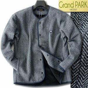 新品 ニコル 秋冬 裏起毛 ニット ノーカラー ジャケット 46(M) 紺灰 【J48977】 Grand PARK NICOLE メンズ ブルゾン ファー カーディガン