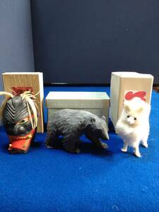 郷土玩具　長崎趣味の会　シルク　アニマル　木彫り熊　のごみ人形　浮立面　箱入り　3個　1950年代　スピッツ