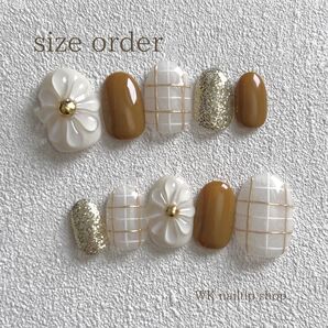 【size order】ぷっくりお花 ブラウンチェック ネイルチップ