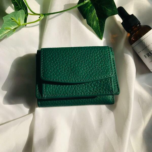 本革　ミニ財布 三つ折り 新品　レディース 小さい　ボックス型　グリーン　緑色　レザー　ミニウォレット　カードケース　小銭入れg3