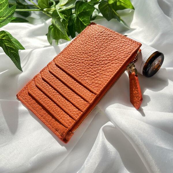 フラグメントケース　本革　ミニ財布　レディース　カードケース　薄い財布　オレンジ　薄型　定期入れ　カード入れ　小さい　ウォレット