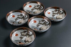 【うつわ】九谷 金襴手 唐草文鶴亀松文 五寸皿 5客 明治時代 D510 バラ売り可能です 日本料理 料亭 懐石 骨董 古玩 器