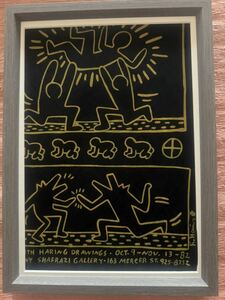 価値ある逸品 キース・ヘリング Keith Haring ブラック 肉筆 紙/ミックスメディア 額装 表にサイン 裏に財団証明印 KHスタンプ