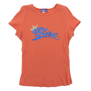 バーバリーブルーレーベル BURBERRY BLUE LABEL コットン ラインストーン ロゴ 半袖 Tシャツ オレンジ sizeM 三陽商会タグ [Y02416]