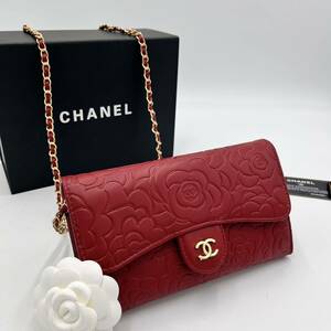 CHANEL シャネル 長財布 マトラッセ 財布 チェーンウォレット ショルダーバッグ ココマーク 海外並行輸入　お財布バッグ　カメリア　赤