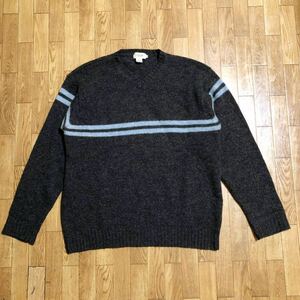 90s 香港製 J.CREW ウール ニットセーター グレー 水色 Lサイズ 古着 ライン ジェイクルー