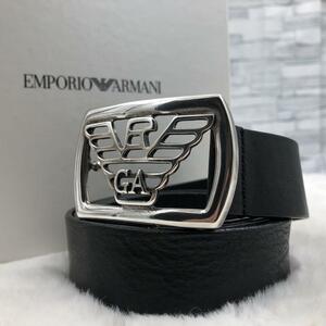 保存箱付き EMPORIO ARMANI エンポリオアルマーニ ベルト デカロゴ イーグル レザー 本革 黒 ブラック 36/90 ビジネス メンズ 通勤 通学 