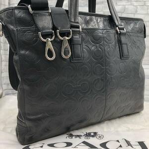 COACH コーチ メンズ ビジネスバッグ ブリーフケース ショルダーバッグ 2way オプアート 型押し オールレザー 本革 A4◎ PC◎ ブラック 3層