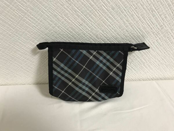 本物バーバリーBURBERRY BLUELABELナイロンチェック柄ミニポーチバッグメンズレディースサーフアメカジビジネススーツ黒ブラック青