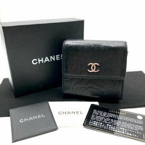 1円 良品 CHANEL シャネル ラムスキン カメリア 折りたたみ 財布 ウォレット ブラック a1601