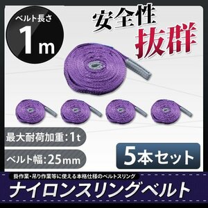 全国一律【送料無料】ナイロンスリングベルト 1ｍ×1000kg×25mm 耐荷重1ｔ★荷揚げ 吊り上げ 吊り下げ 玉掛け運搬に【5本セット】