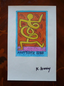 送料無料★ キース・ヘリング Haring Keith★取り扱い画廊店印あり★アクリル油彩画★模写 ★販売証明書付属★サイン入り★a34