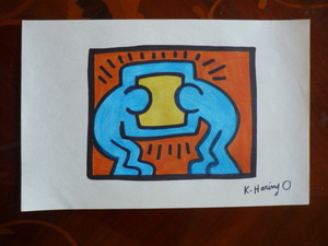 送料無料★ キース・ヘリング Haring Keith★取り扱い画廊店印あり★アクリル油彩画★模写 ★販売証明書付属★サイン入り★a14