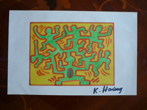 送料無料★ キース・ヘリング Haring Keith★取り扱い画廊店印あり★アクリル油彩画★模写 ★販売証明書付属★サイン入り★a16