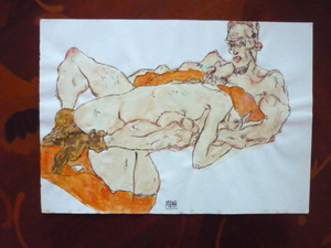 Art hand Auction 무료 배송★Egon Schiele★아크릴 유화★판매 증명서 포함★서명됨★복제본★독일 마크, 나치 우표 스탬프 ★ a5, 삽화, 그림, 아크릴, 깊은 상처