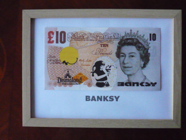 Kostenloser Versand★Banksy 10 Pfund★Echtheit garantiert★Leinwand★Signiert★Eintrittskarte für Dismaland inklusive42, Kunstwerk, Malerei, Acryl, Schnittwunde