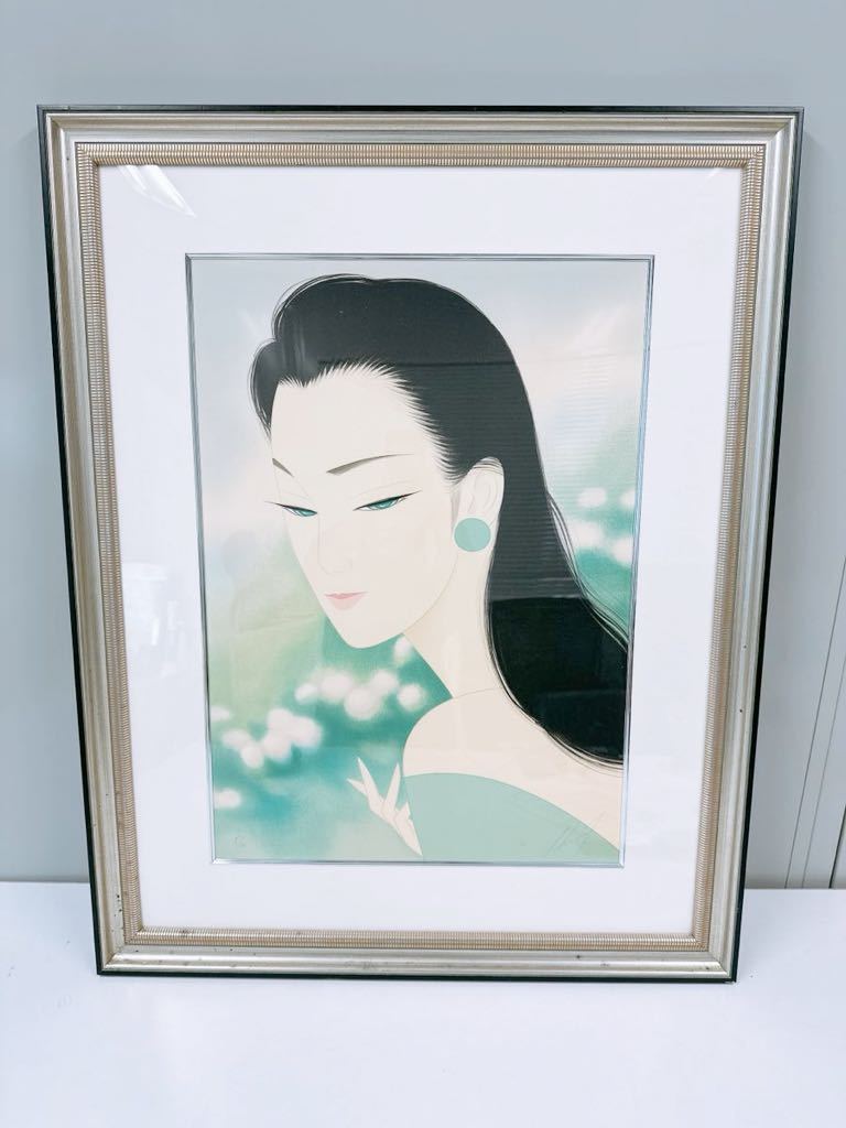 Ichiro Tsuruta, Beauty painting ★5/150★ Signed, Green, Artwork, Framed, Used, Black hair, Woman, Interior, Fine art, Current status, Artwork, Painting, Portraits
