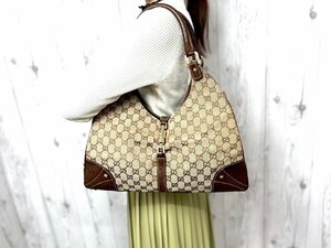 極美品 GUCCI グッチ GGキャンバス ニュージャッキー ハンドバッグ ショルダーバッグ バッグ キャンバス×レザー ベージ×茶 A4可 67974