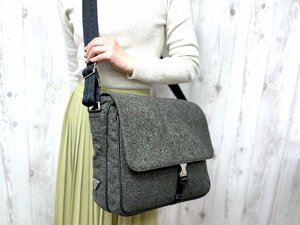 極美品 PRADA プラダ ショルダーバッグ バッグ ウール×ナイロンキャンバス×レザー グレー×黒 A4可 メンズ 67936Y