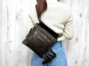 極美品 BOTTEGA VENETA ボッテガヴェネタ イントレチャート ボディバッグ ウエストポーチ バッグ レザー 茶 メンズ 67877