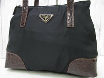 極美品 PRADA プラダ クロコダイル ショルダーバッグ バッグ ナイロン×レザー 黒×茶 67531Y_画像8