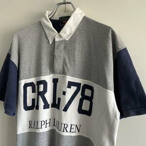 希少 90s CHAPS RALPH LAUREN チャップスラルフローレン CRL-78 ポロシャツ ラガーシャツ L グレー×ネイビー 古着 ヴィンテージ 大きめ