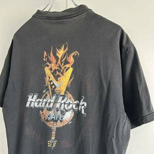 90s Hard Rock CAFE ハードロックカフェ SAIPAN プリントTシャツ M フェードブラック ボロ グランジ 古着 ヴィンテージ