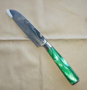 【美しいダマスカス模様とグリーンの柄】XITUO 三徳型ナイフ 11.5cm