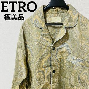 【極美品】ETRO エトロ ペイズリー柄 七分袖シャツ ロゴ刺繍 刻印ボタン カーキ　M