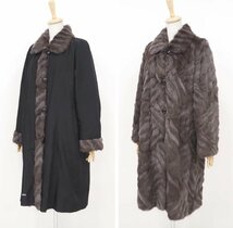 美品【 リバーシブル / 両面 】高級毛皮 シルク100％×ロシアリス ◆ロングコート 105cm丈 ◆ブラック×グレー / 大き目 ◆T335Y_画像4