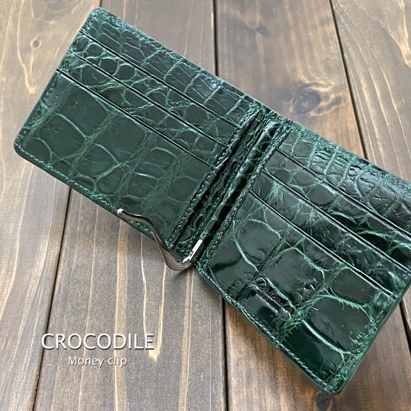 CROCODILE クロコダイル マネークリップ 無双 ダークグリーン ワニ革 財布 緑 コンパクト ミニ メンズ レディース プレゼント