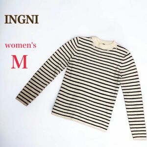 INGNI イング　パール ビジュー ハイネック ニット トップス　M　ボーダー