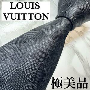 極美品 茶タグ レア LOUIS VUITTON ネクタイ シルク100% ダミエ クラシック LVロゴ レギュラータイ ブランドロゴ 刺繍 ブラック 送料無料