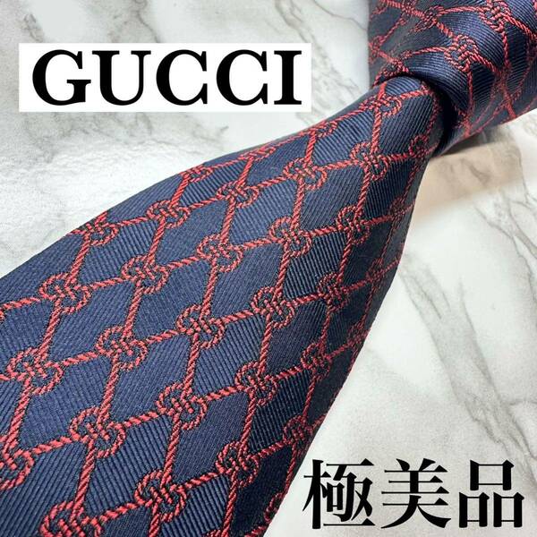 極美品 現行タグ レア GUCCI ネクタイ シルク100% GG柄 ロープ 蜂 ソーホー ナロータイ ブランドロゴ 刺繍 ネイビー 送料無料