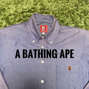 A BATHING APE ape エイプ メンズ トップス 長袖シャツ ブルー ワンポイントワッペン 古着