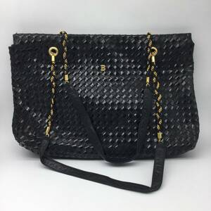 【1649】BALLY バリー イントレチャート 編み込み パテント チェーントートバッグ レディース 黒 ブラック ヴィンテージ