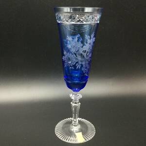 【2227①】Meissen マイセン クリスタル シャンパングラス ロンドンフラワー 花柄 花彫刻 切子 青 ブルー ワイングラス 西洋陶磁 洋食器