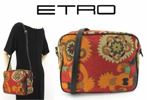 20万新品◆エトロ ボタニカル織柄 橙赤系マルチカラーショルダーバッグ【ETRO】1円