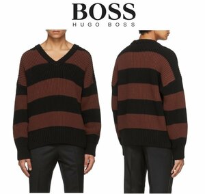 7万新品◆L◆BOSS ヒューゴボス 茶黒ボーダーVネックニット 1円