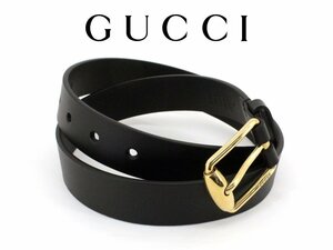 12万新品◆80◆GUCCI グッチ ゴールドロゴバックル シンプルレザーベルト黒 1円