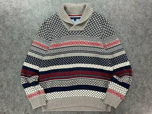 Wl556 TOMMY HILFIGER トミーヒルフィガー ショールカラー ニット セーター ノルディック柄 刺繍 灰 メンズ XL 大きいサイズ