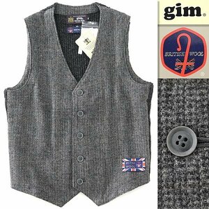 新品 2.4万 gim ジム シェットランド ウール ウィンドウペン ツイード ベスト M 灰 【I54964】 日本製 秋冬 British Wool ニット ジレ