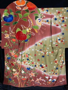 ★きものさらさ　アンティーク着物帯★訪問着　紅葉　橘　刺繍　古典文様　正絹　大正ロマン　古布　古裂　豪華