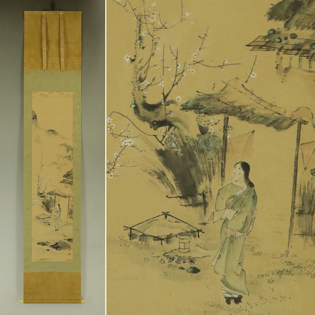 [Authentic work] Giine Morimura [Beautiful woman in white plum blossoms] ◆ Paperback ◆ Box ◆ Hanging scroll t06035, painting, Japanese painting, person, Bodhisattva
