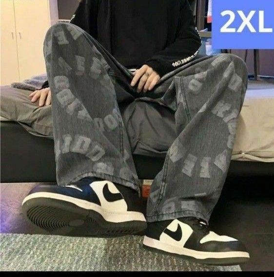 メンズ　デニム　総柄　2XL 　パンツ　韓国　ストリート　ジーンズ　 ブラック