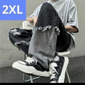 メンズ　ジーンズ　 韓国風　 対照的　ルーズストレート　 個性カジュアル パンツ　2XL ブラック