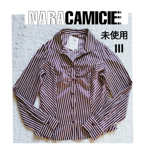 未使用タグ付き*NARACAMICIE*ナラカミーチェ*ミラノストライプスタンドカラーシャツ*ストライプ柄*サイズⅢ*2L*13号*ボルドー*長袖ブラウス